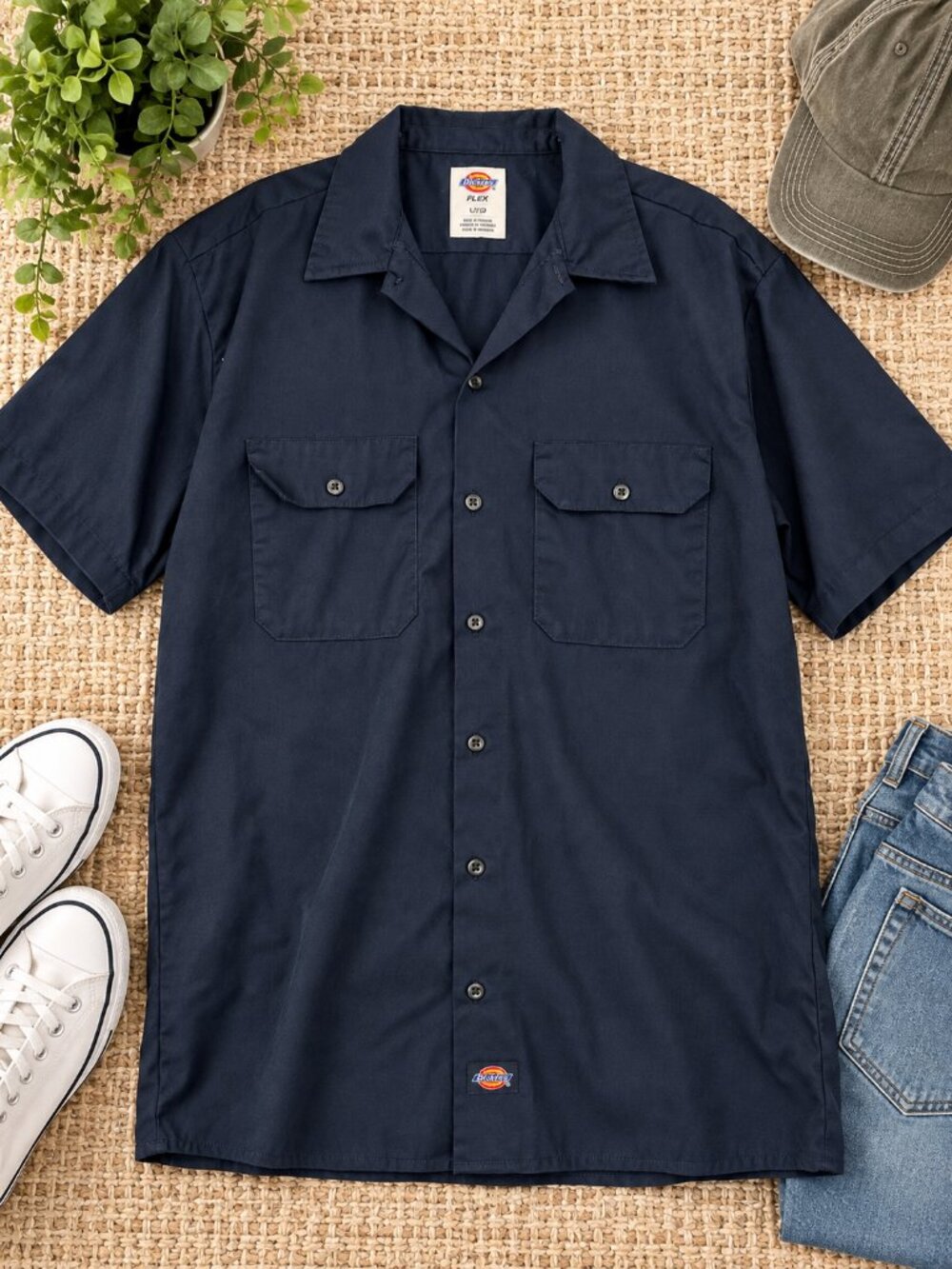 Dickies FLEX Men's Large Navy Short Sleeve Work Shirt Button Front